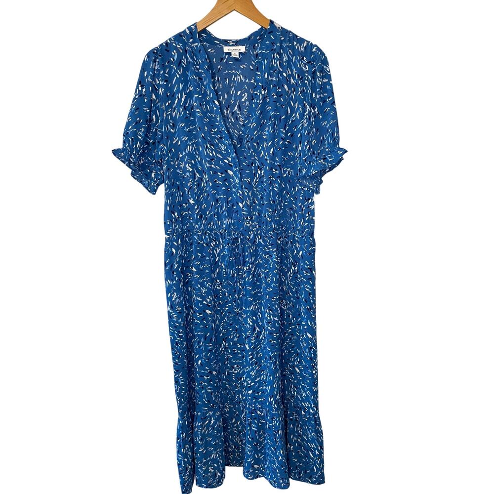 BRANNAN Cottage Core Blue Speckled Print Ruffle Short Sleeve Midi Dress Size XL